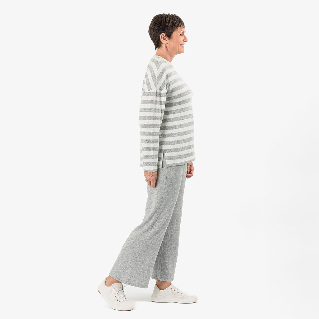 - Maisi Cashmere-Feel Stripe Top (Size L) - Grey - White