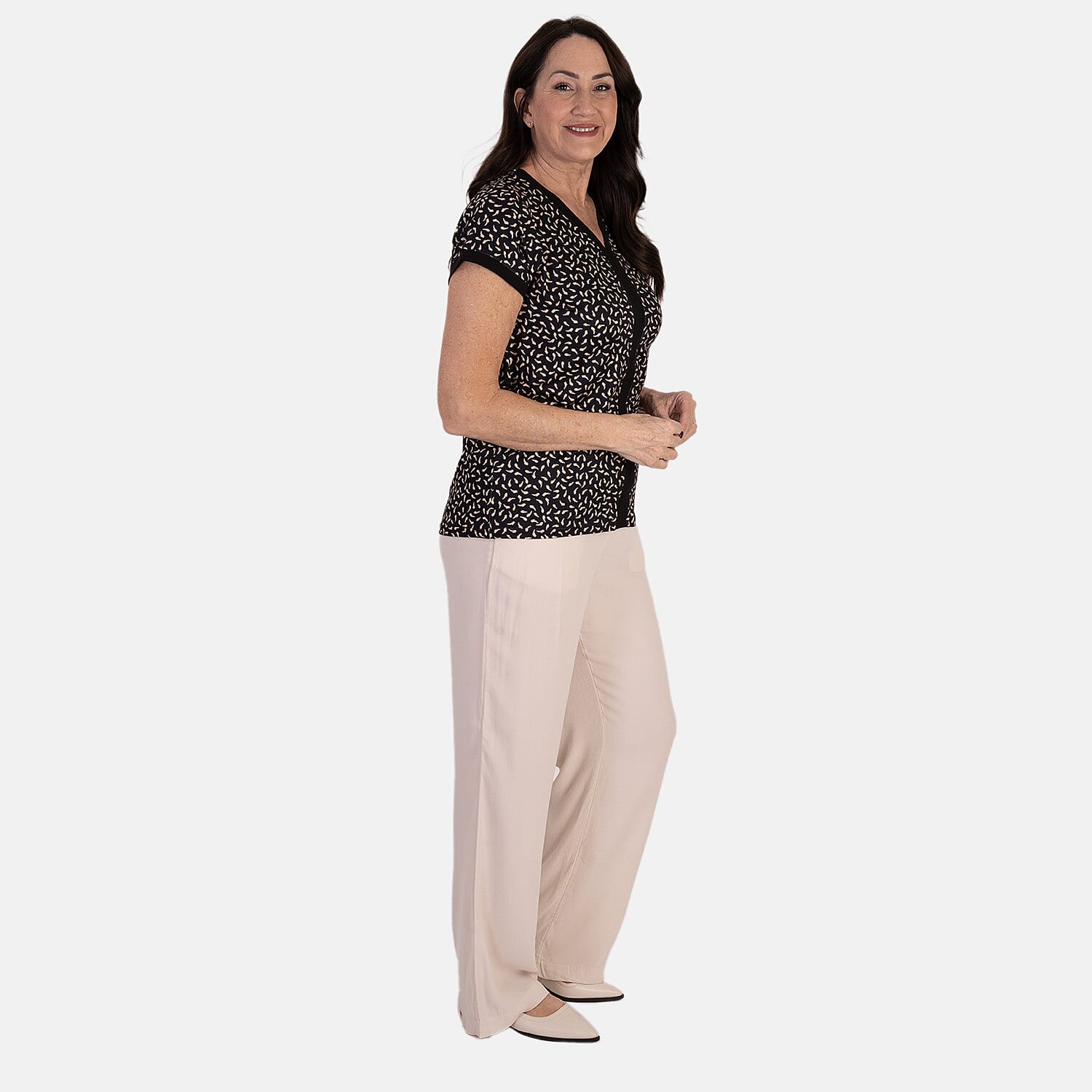 - Maisi Soft-Touch Printed V-neck Top (Size S) - Black