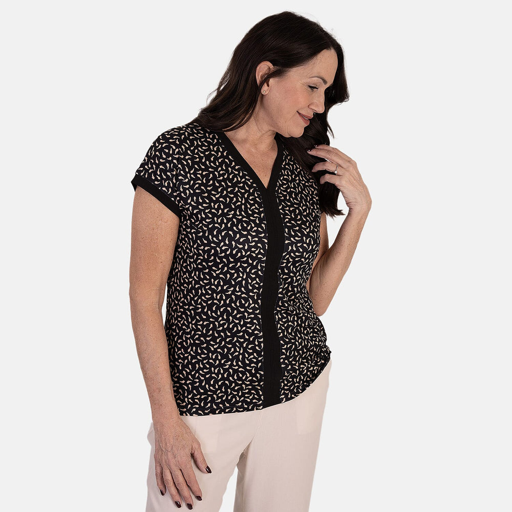- Maisi Soft-Touch Printed V-neck Top (Size S) - Black