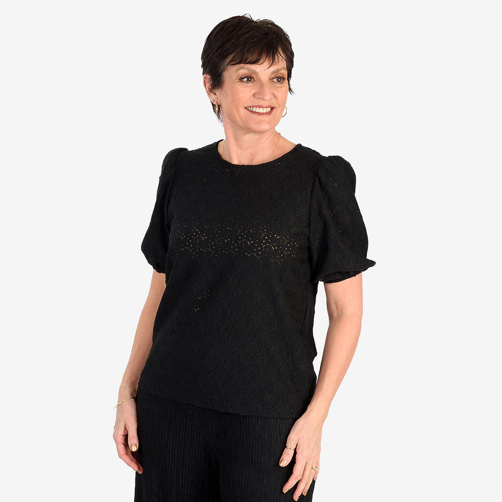 - Maisi Butterfly Embossed Puffed Sleeve Top (Size XL) - Black