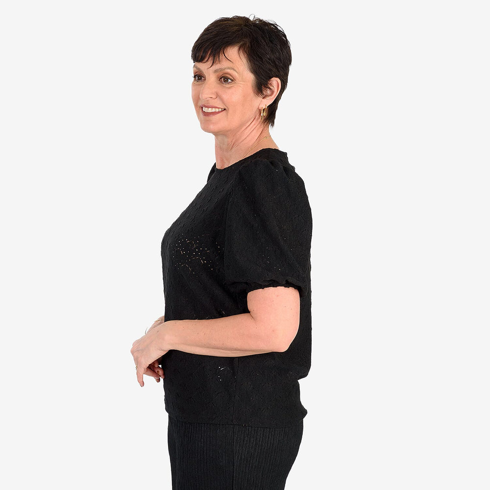 - Maisi Butterfly Embossed Puffed Sleeve Top (Size XL) - Black