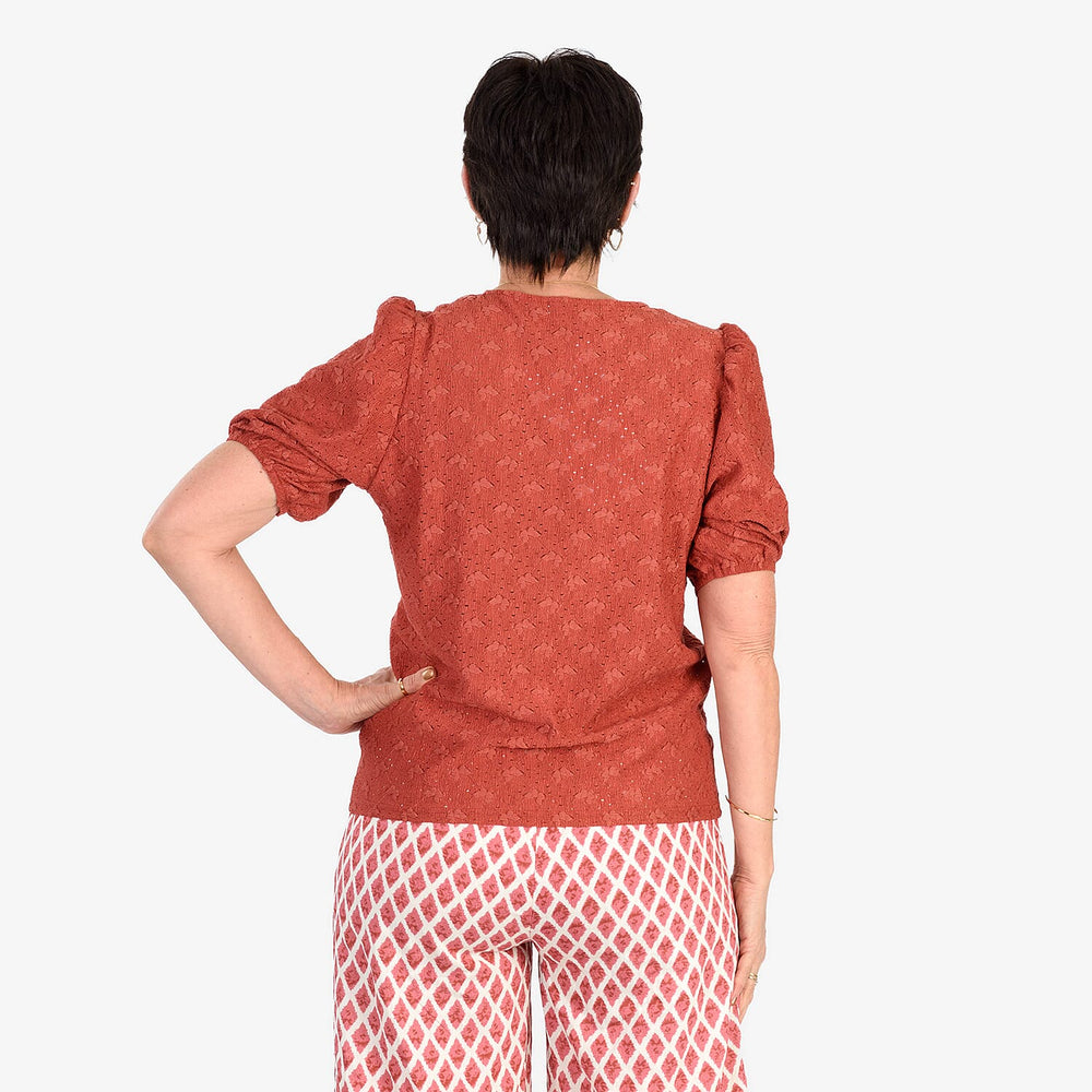 - Maisi Butterfly Embossed Puffed Sleeve Top (Size XL) - Red