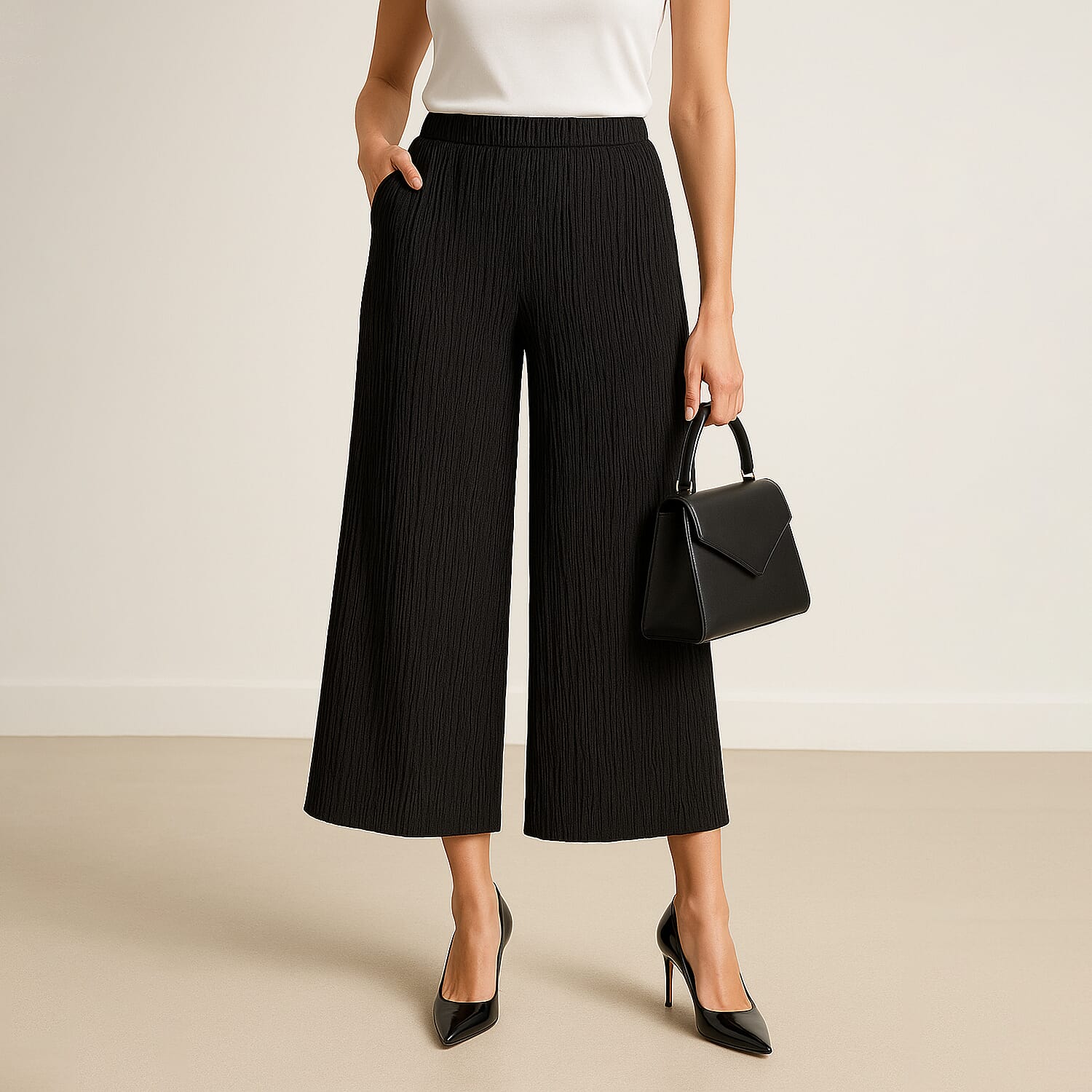 - Maisi Trendy Womens Textured Wide-Leg Culottes (Size XL) - Black