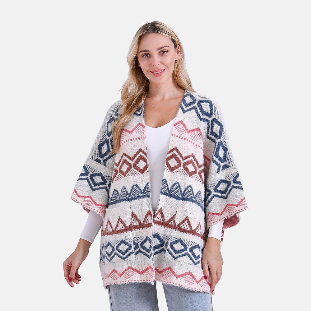 - Maisi Tribal Pattern Fuzzy Aztec Eyelash COATIGAN - Off-White, Blue - Pink