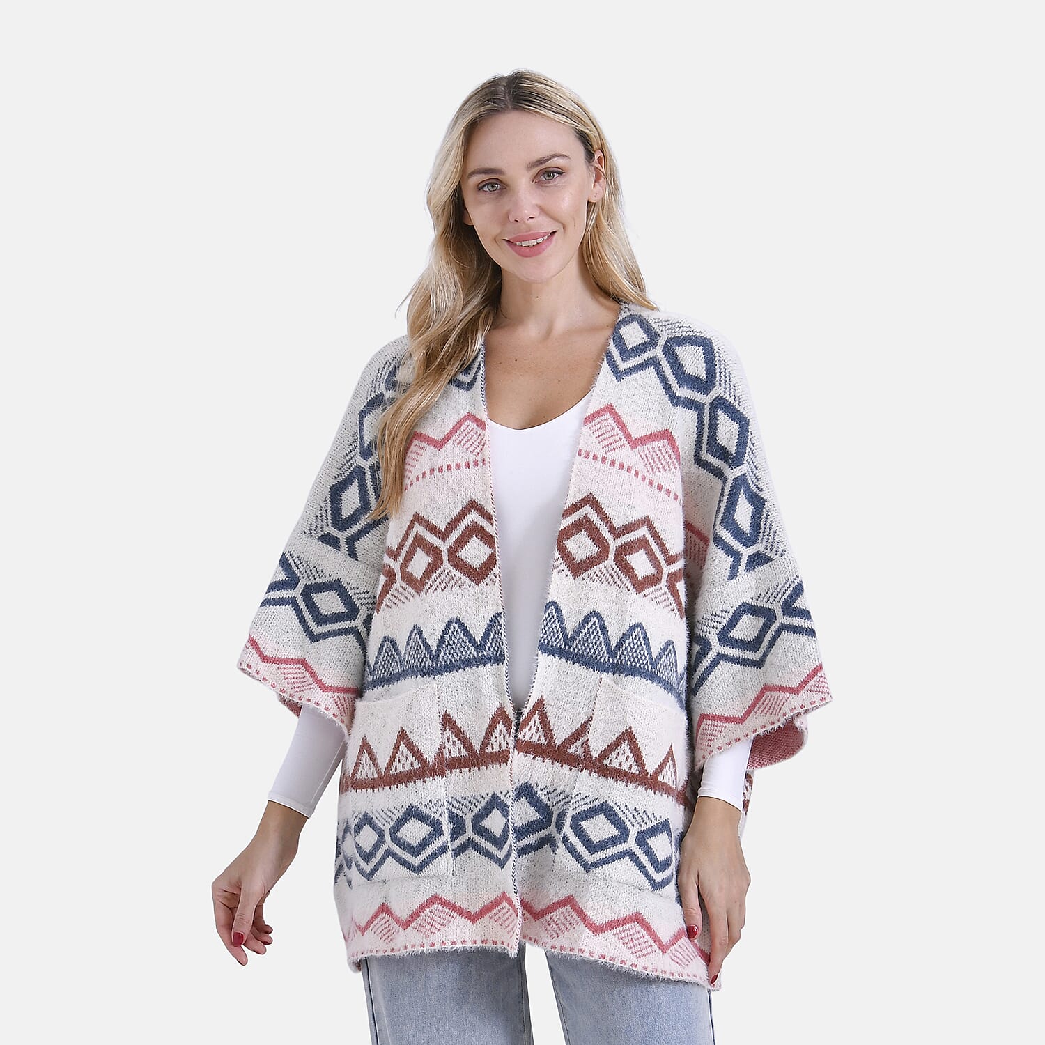 - Maisi Tribal Pattern Fuzzy Aztec Eyelash COATIGAN - Off-White, Blue - Pink