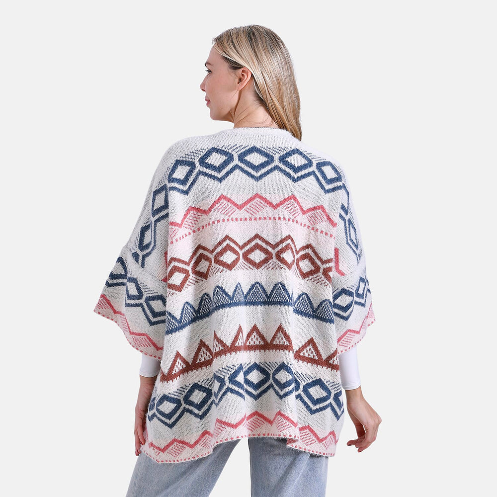 - Maisi Tribal Pattern Fuzzy Aztec Eyelash COATIGAN - Off-White, Blue - Pink