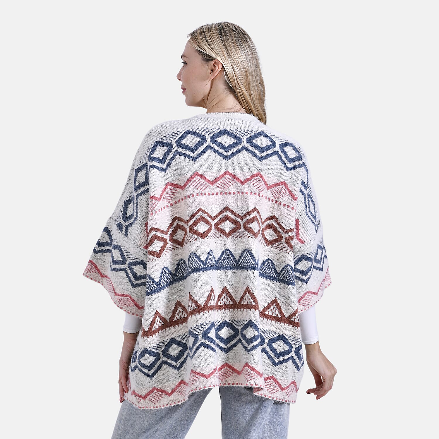 - Maisi Tribal Pattern Fuzzy Aztec Eyelash COATIGAN - Off-White, Blue - Pink