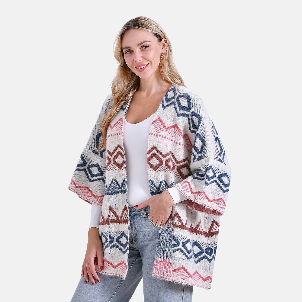 - Maisi Tribal Pattern Fuzzy Aztec Eyelash COATIGAN - Off-White, Blue - Pink