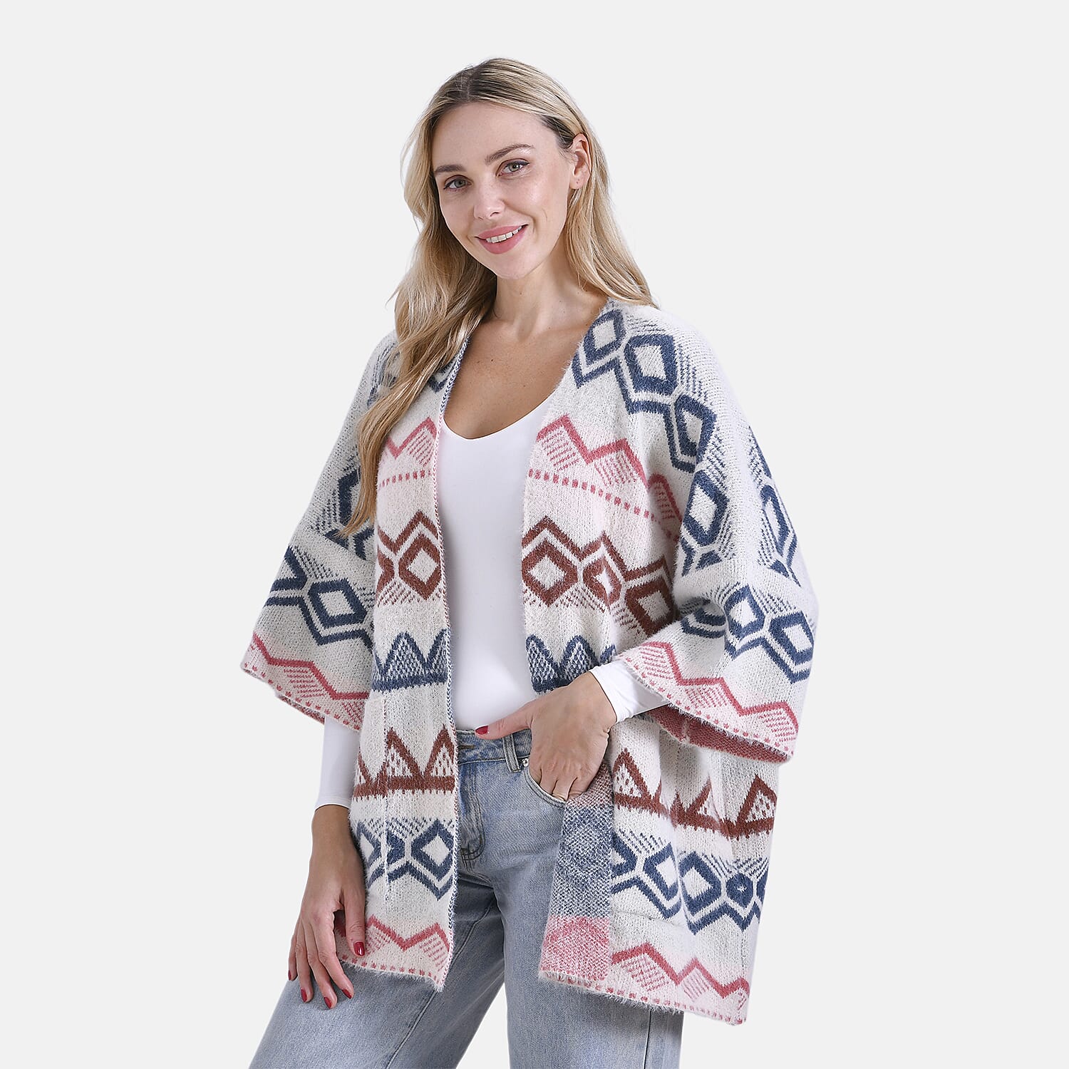 - Maisi Tribal Pattern Fuzzy Aztec Eyelash COATIGAN - Off-White, Blue - Pink
