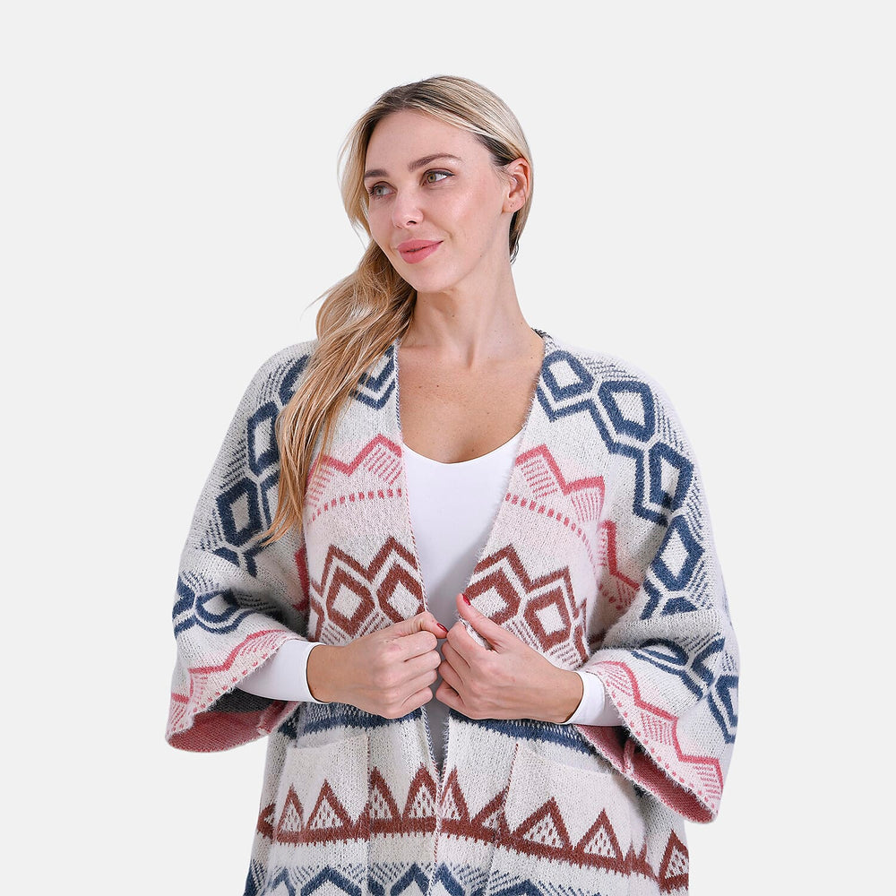 - Maisi Tribal Pattern Fuzzy Aztec Eyelash COATIGAN - Off-White, Blue - Pink