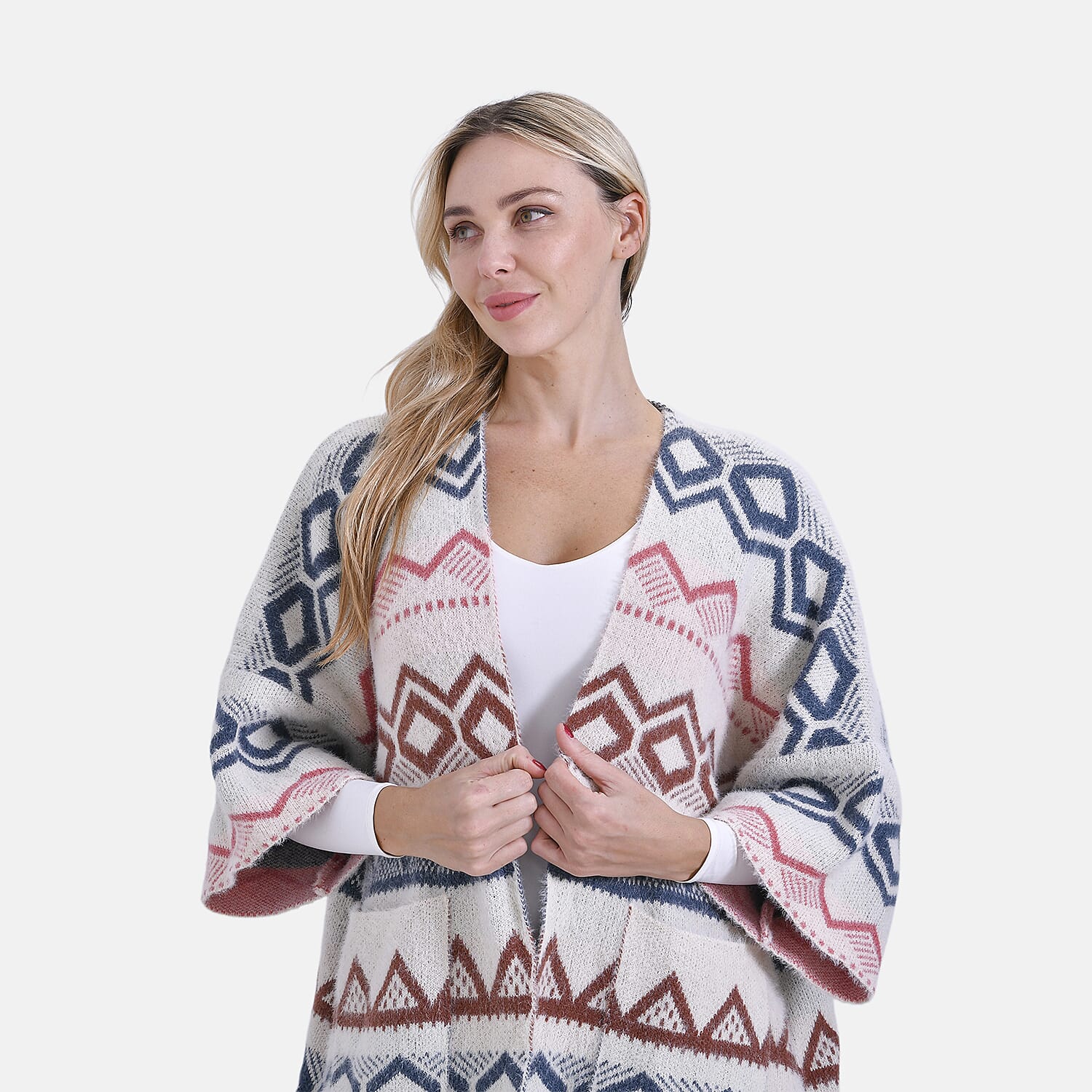 - Maisi Tribal Pattern Fuzzy Aztec Eyelash COATIGAN - Off-White, Blue - Pink