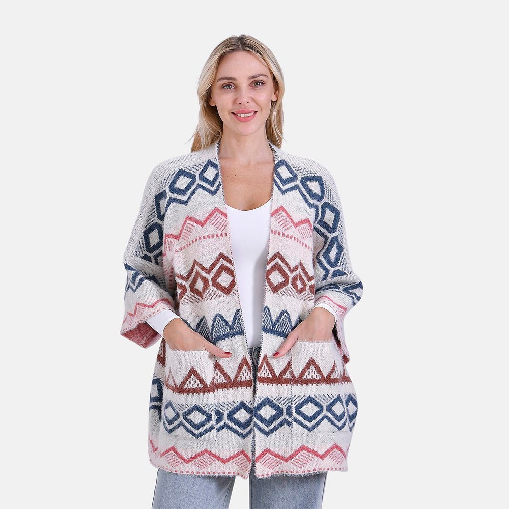 - Maisi Tribal Pattern Fuzzy Aztec Eyelash COATIGAN - Off-White, Blue - Pink
