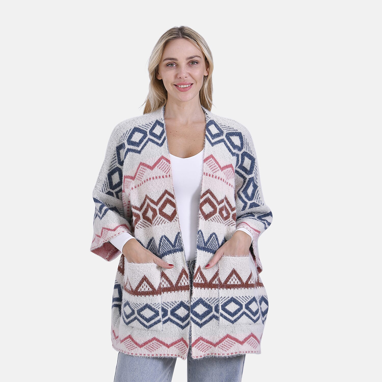 - Maisi Tribal Pattern Fuzzy Aztec Eyelash COATIGAN - Off-White, Blue - Pink