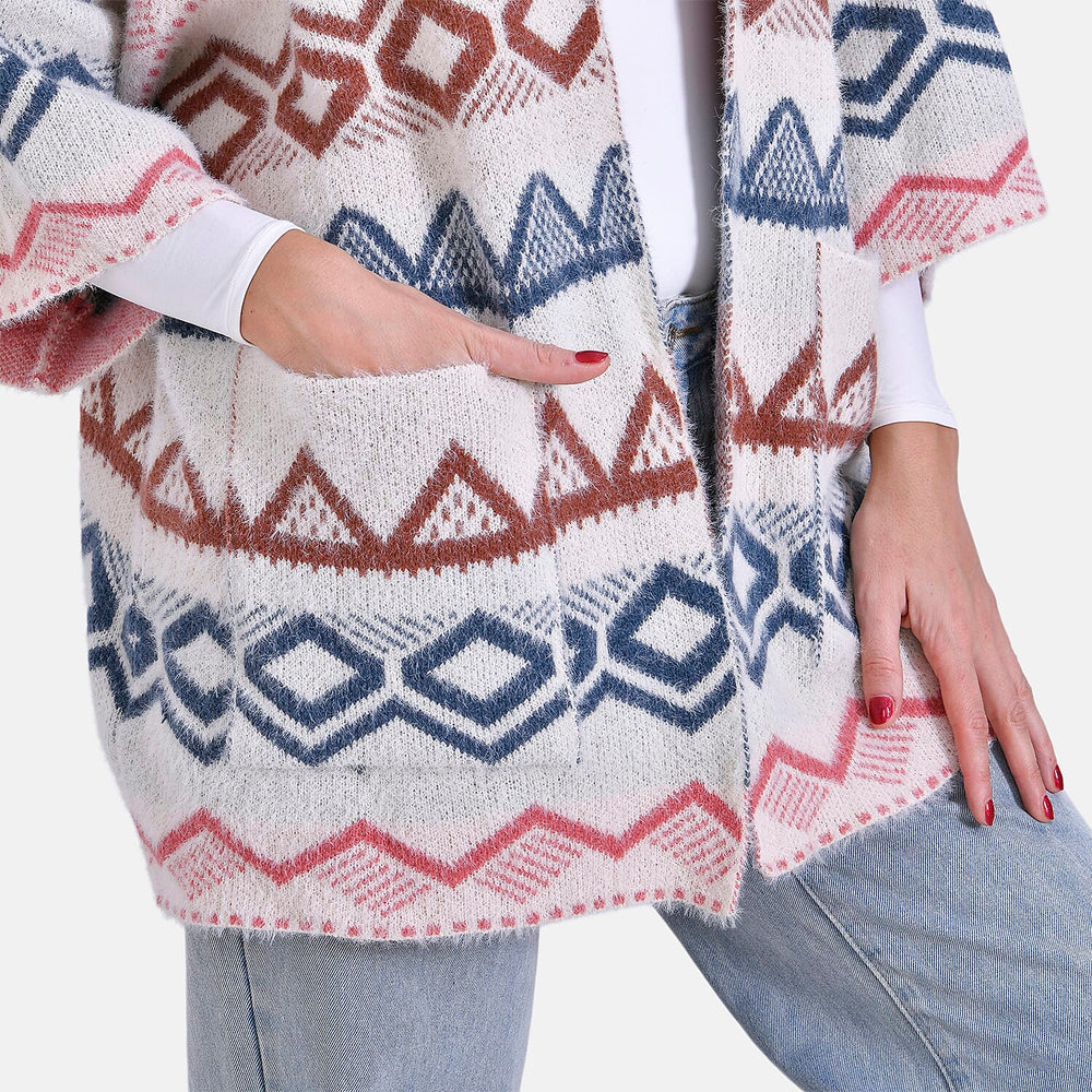 - Maisi Tribal Pattern Fuzzy Aztec Eyelash COATIGAN - Off-White, Blue - Pink