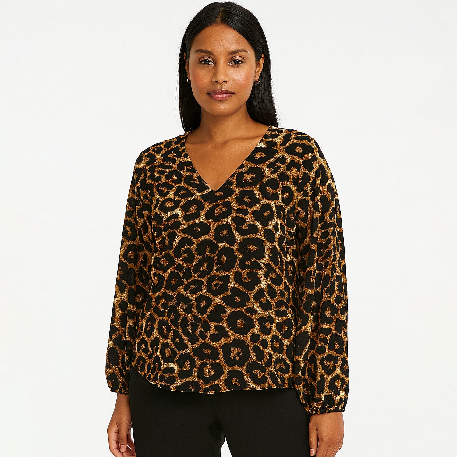 - Maisi V-Neck Leopard Print Balloon Sleeve Top (Size S)