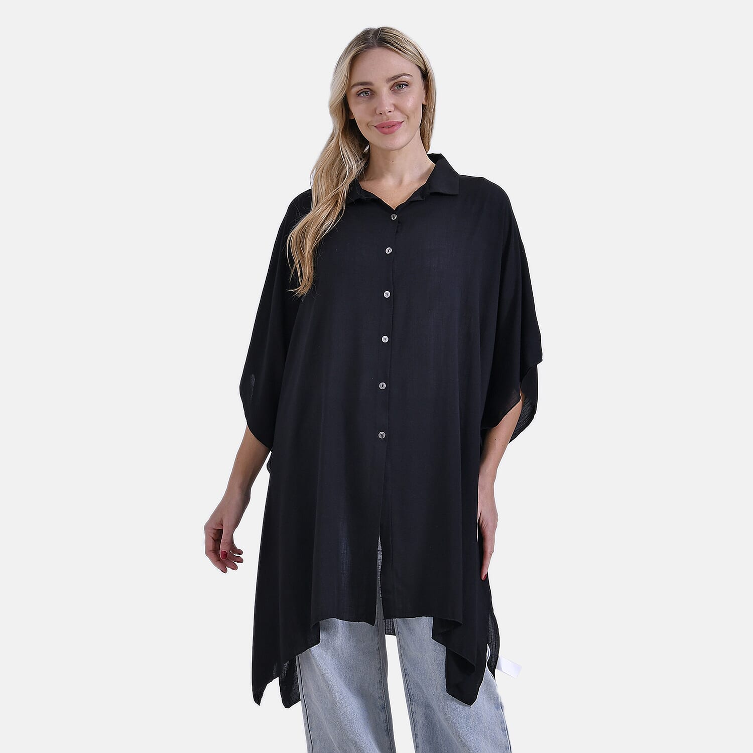 La Marey Versatile Rayon Oversized 3-4 Sleeves Longline Shirt (One Size) - Black