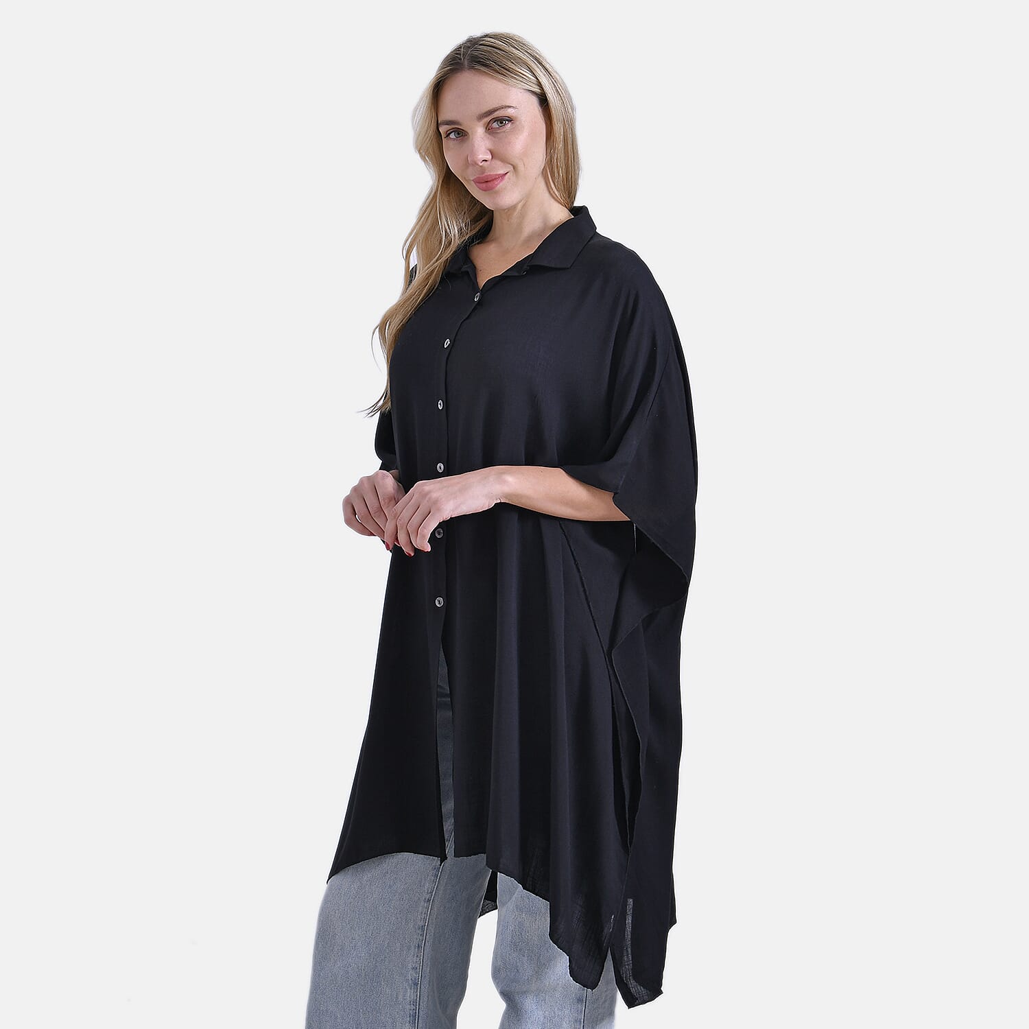 La Marey Versatile Rayon Oversized 3-4 Sleeves Longline Shirt (One Size) - Black