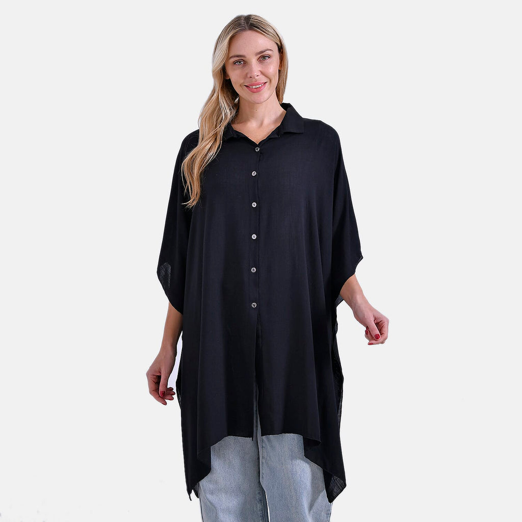La Marey Versatile Rayon Oversized 3-4 Sleeves Longline Shirt (One Size) - Black