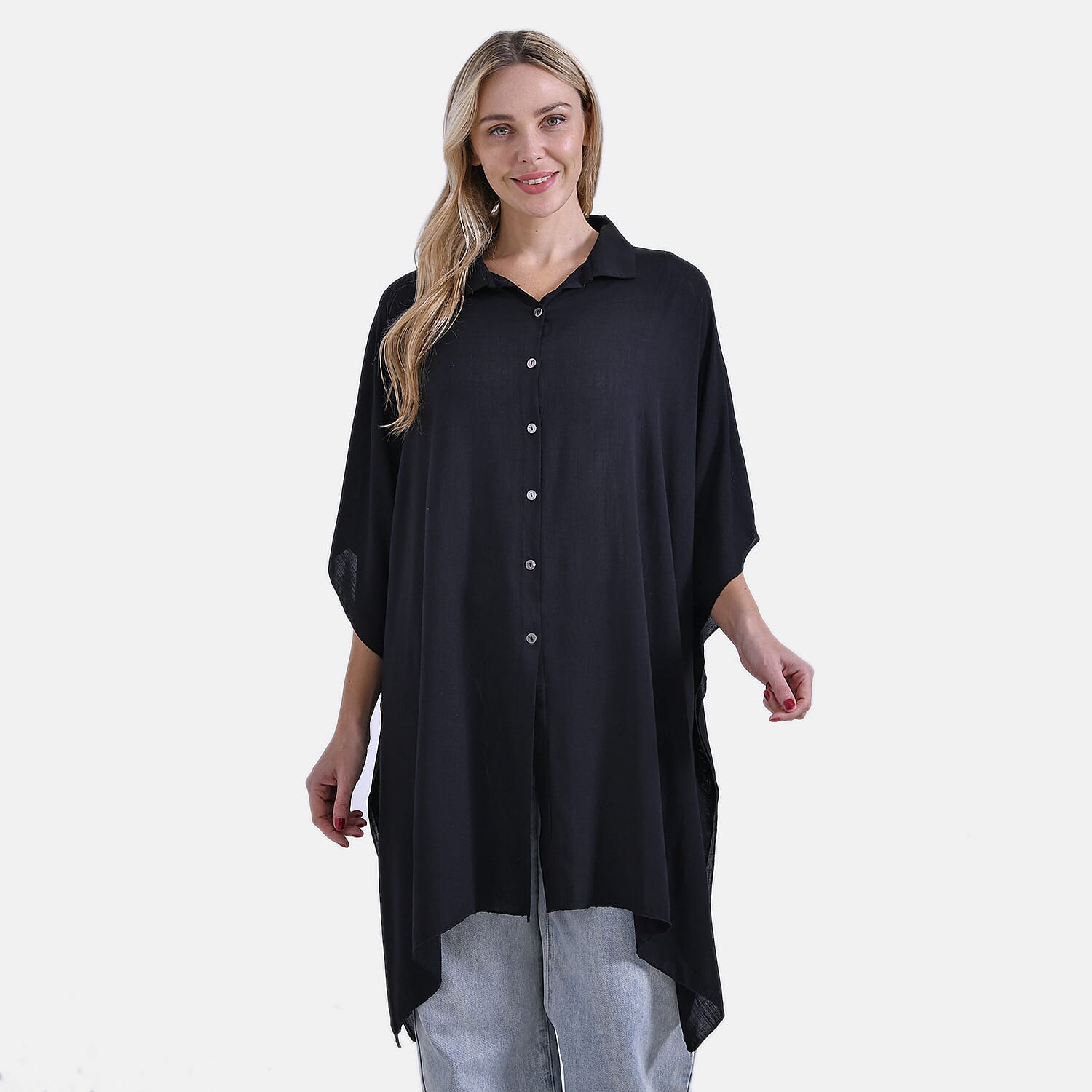 La Marey Versatile Rayon Oversized 3-4 Sleeves Longline Shirt (One Size) - Black