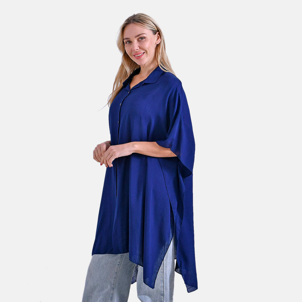 La Marey Versatile Rayon Oversized 3-4 Sleeves Longline Shirt (One Size) - Blue