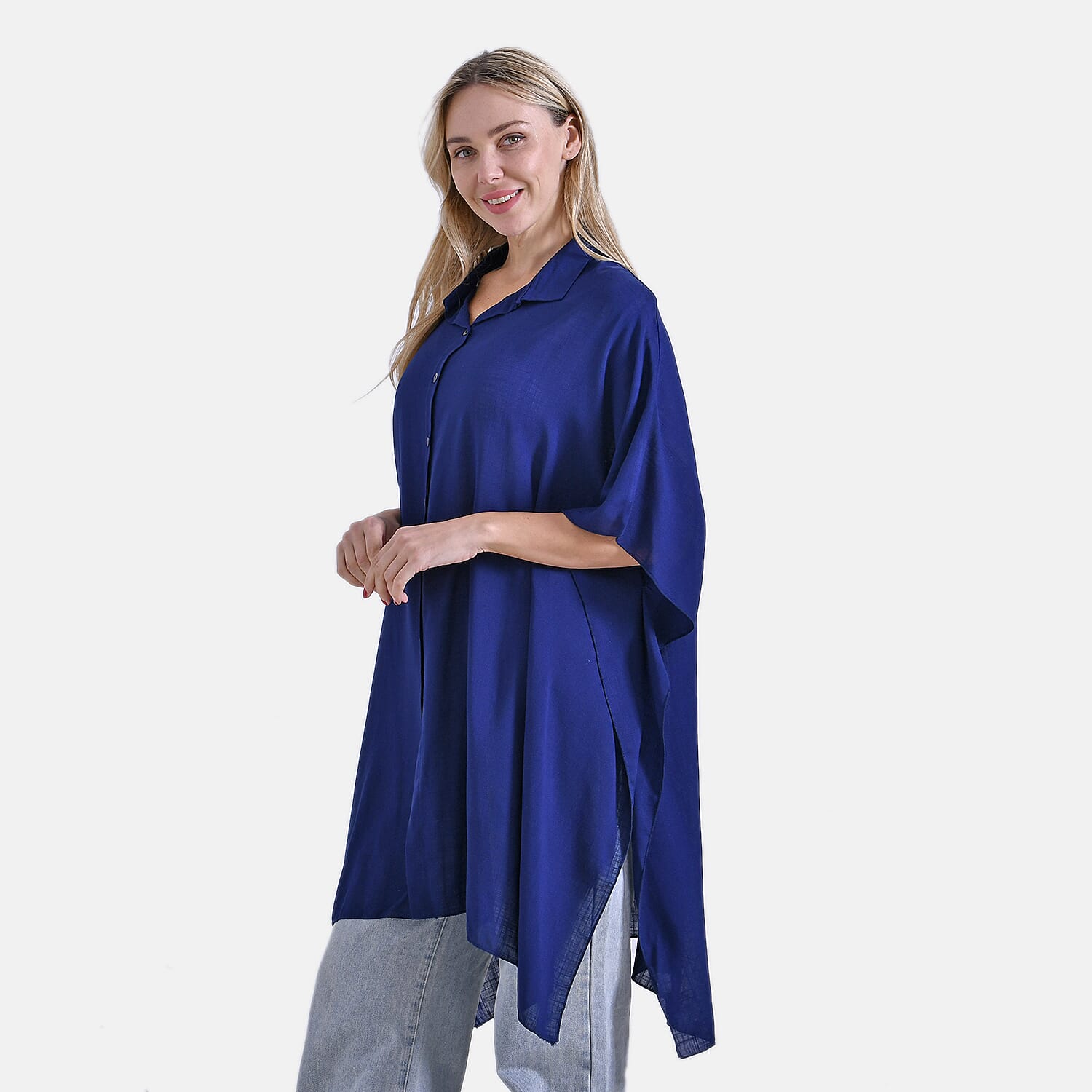 La Marey Versatile Rayon Oversized 3-4 Sleeves Longline Shirt (One Size) - Blue
