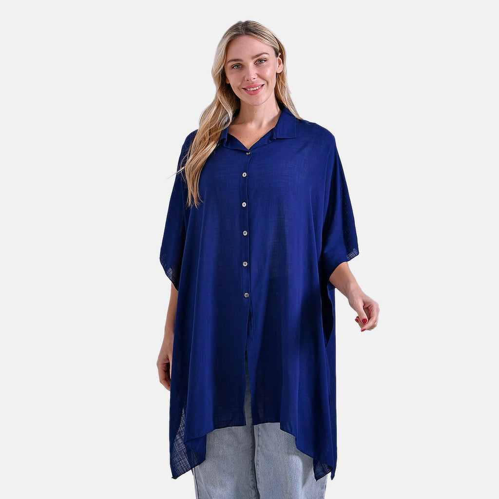 La Marey Versatile Rayon Oversized 3-4 Sleeves Longline Shirt (One Size) - Blue