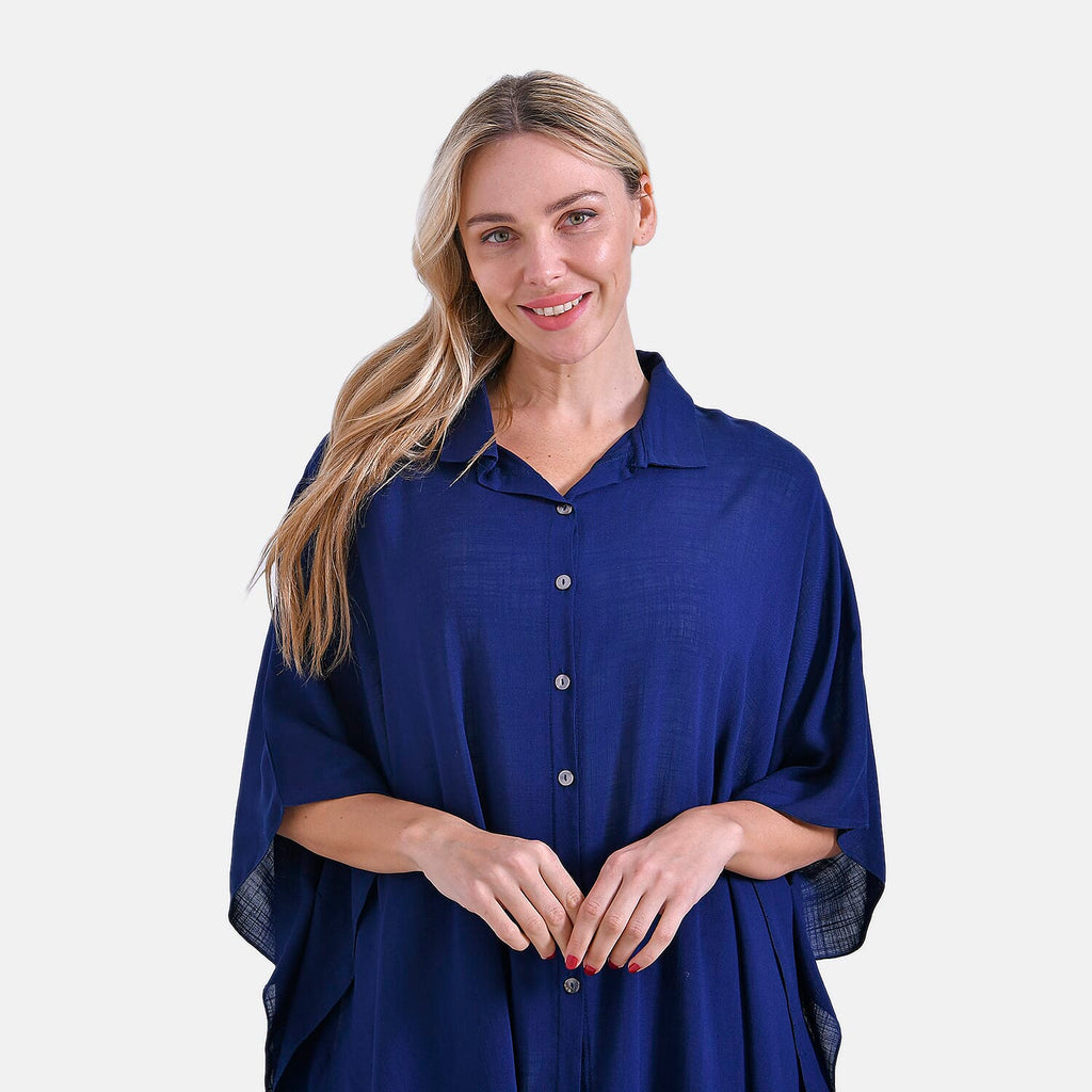 La Marey Versatile Rayon Oversized 3-4 Sleeves Longline Shirt (One Size) - Blue