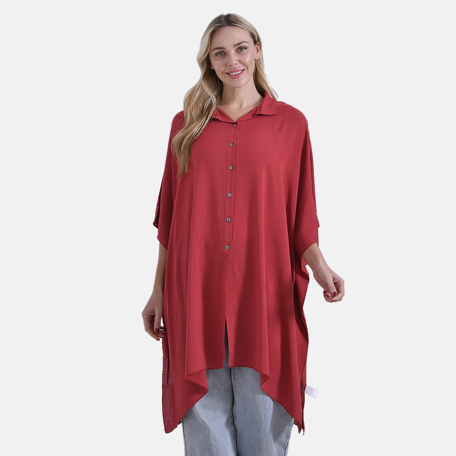 La Marey Versatile Rayon Oversized 3-4 Sleeves Longline Shirt (One Size) - Pink