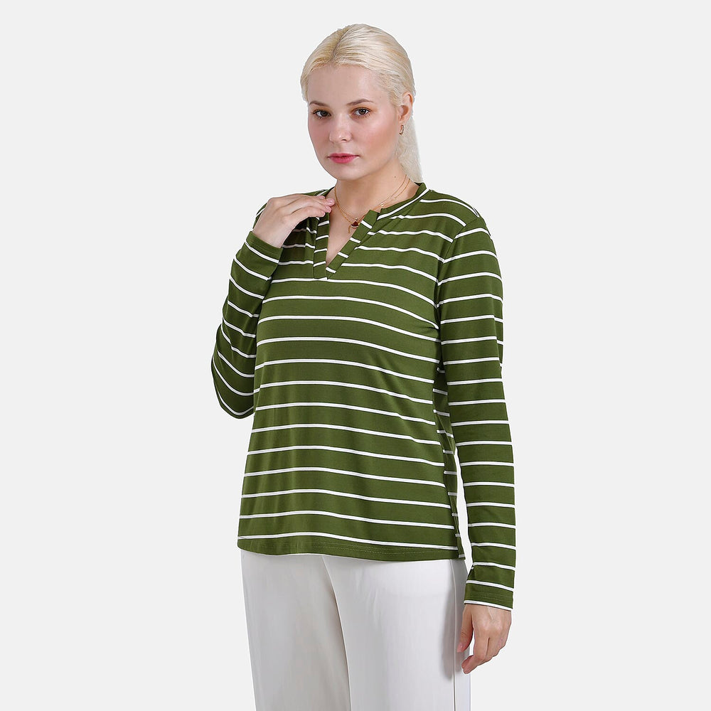 - Maisi Wrinkle Free Full Sleeve Stripe Jersey Top (Size XL) - Green and White