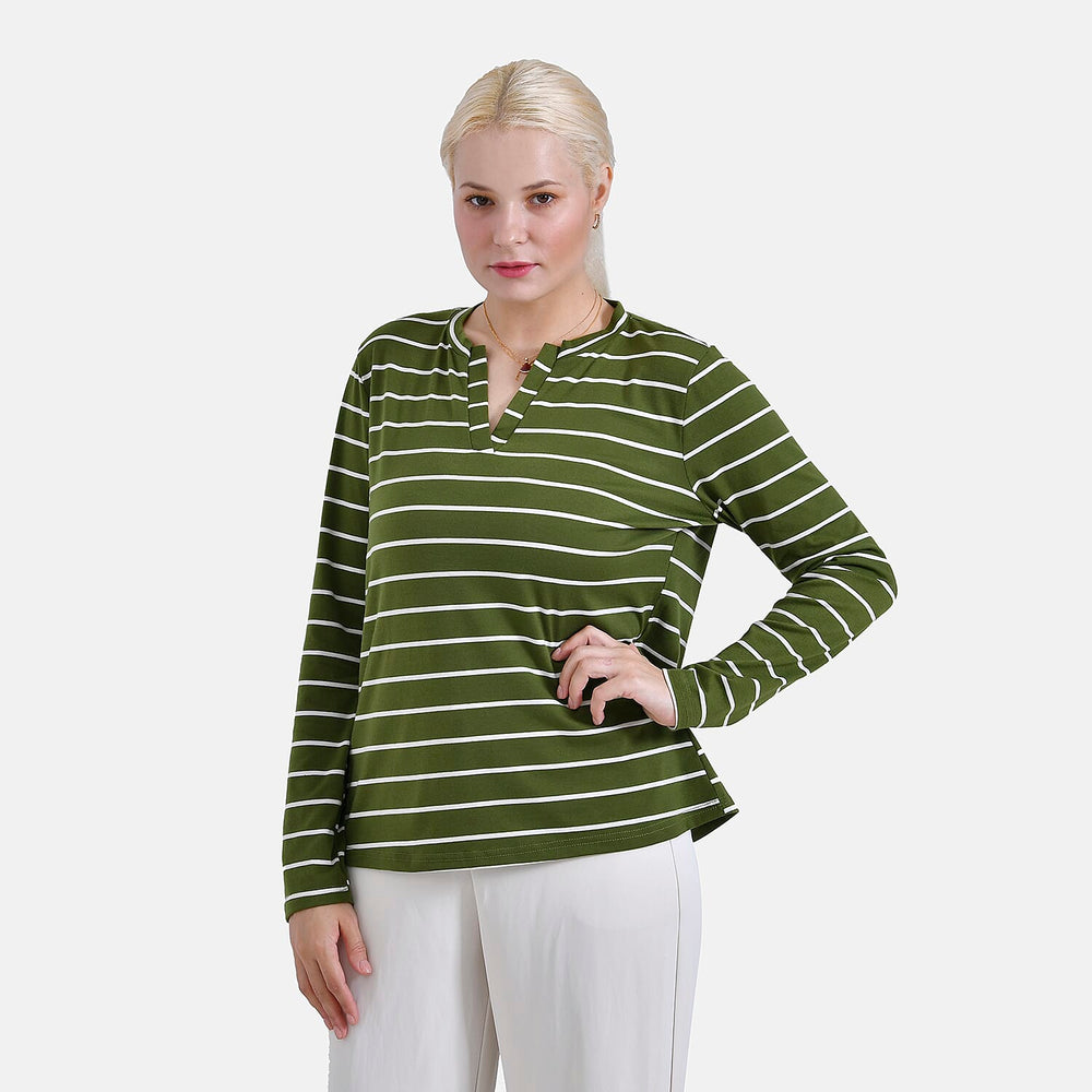 - Maisi Wrinkle Free Full Sleeve Stripe Jersey Top (Size XL) - Green and White