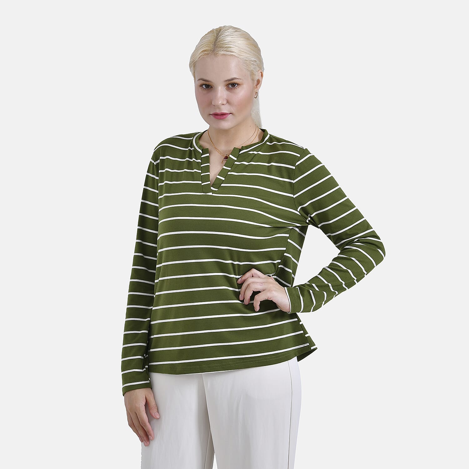 - Maisi Wrinkle Free Full Sleeve Stripe Jersey Top (Size XL) - Green and White