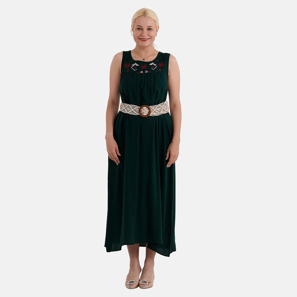 - Maisi Embroidery Umbrella Cut Dress with Elasticated Waist Belt (One Size) - Bottle Green