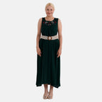 - Maisi Embroidery Umbrella Cut Dress with Elasticated Waist Belt (One Size) - Bottle Green