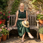 - Maisi Embroidery Umbrella Cut Dress with Elasticated Waist Belt (One Size) - Bottle Green