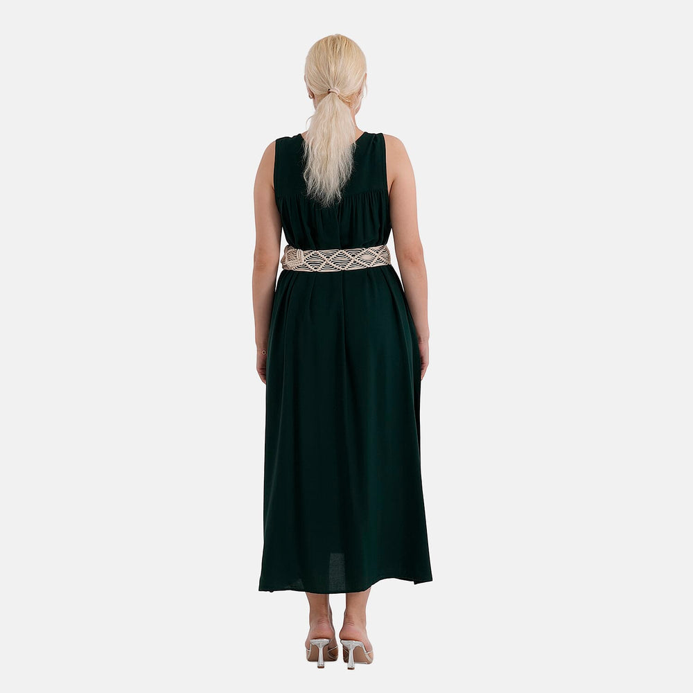- Maisi Embroidery Umbrella Cut Dress with Elasticated Waist Belt (One Size) - Bottle Green