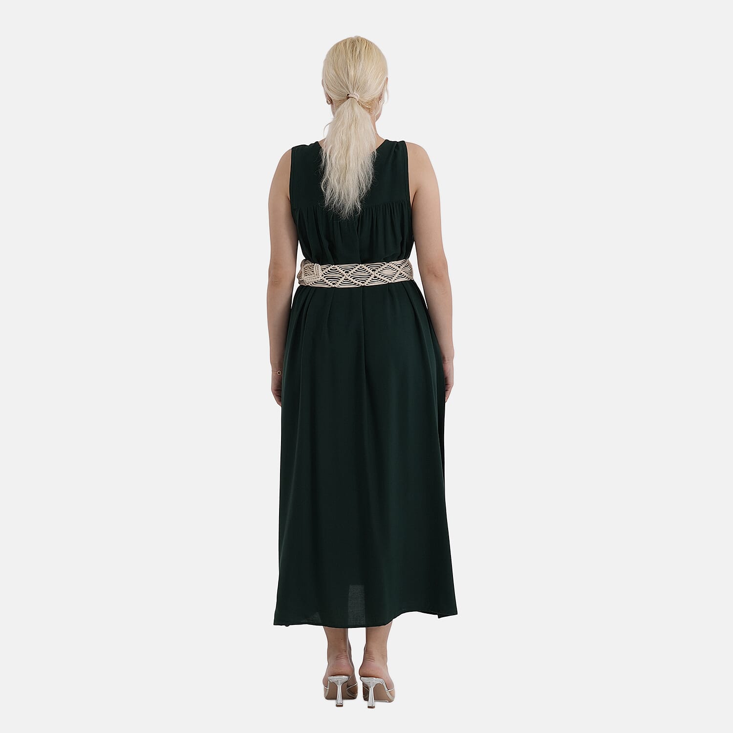 - Maisi Embroidery Umbrella Cut Dress with Elasticated Waist Belt (One Size) - Bottle Green