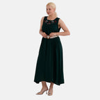 - Maisi Embroidery Umbrella Cut Dress with Elasticated Waist Belt (One Size) - Bottle Green