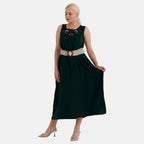 - Maisi Embroidery Umbrella Cut Dress with Elasticated Waist Belt (One Size) - Bottle Green