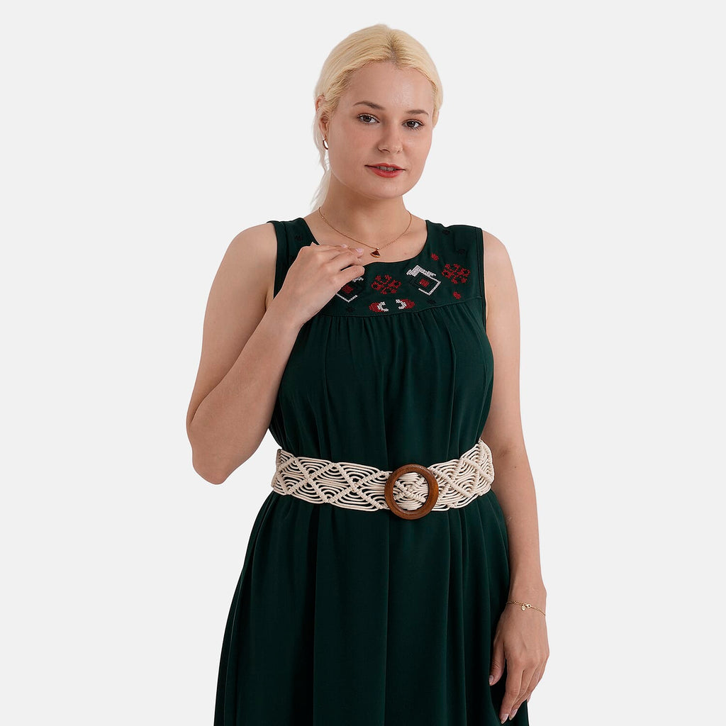 - Maisi Embroidery Umbrella Cut Dress with Elasticated Waist Belt (One Size) - Bottle Green