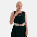 - Maisi Embroidery Umbrella Cut Dress with Elasticated Waist Belt (One Size) - Bottle Green