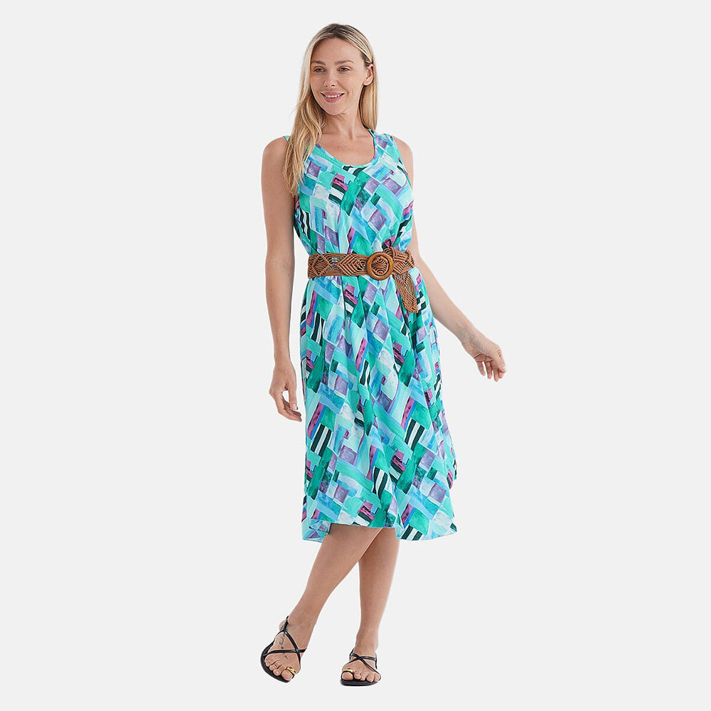 The Showstopper - - Maisi Flowy Sleeveless Umbrella Dress with Elastic Belt (One Size) - Multi-Plaid