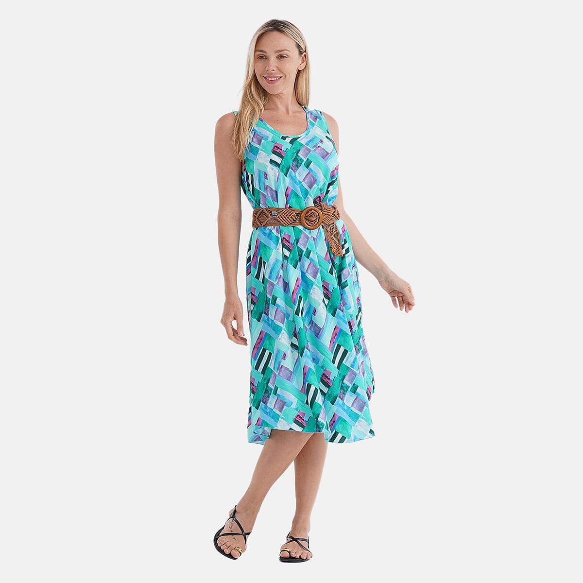 The Showstopper - - Maisi Flowy Sleeveless Umbrella Dress with Elastic Belt (One Size) - Multi-Plaid