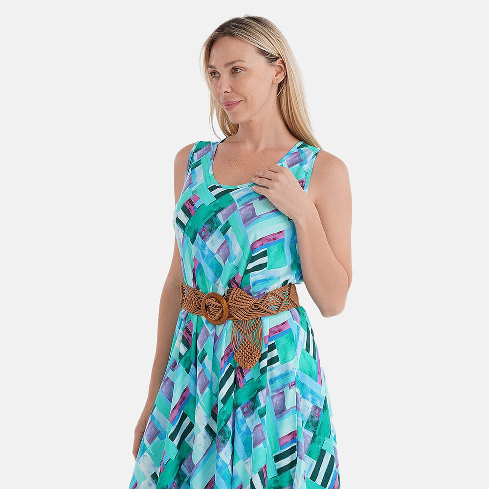 The Showstopper - - Maisi Flowy Sleeveless Umbrella Dress with Elastic Belt (One Size) - Multi-Plaid