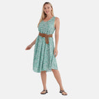 - Maisi Flowy Sleeveless Umbrella Dress with Elastic Belt (One Size) - Green