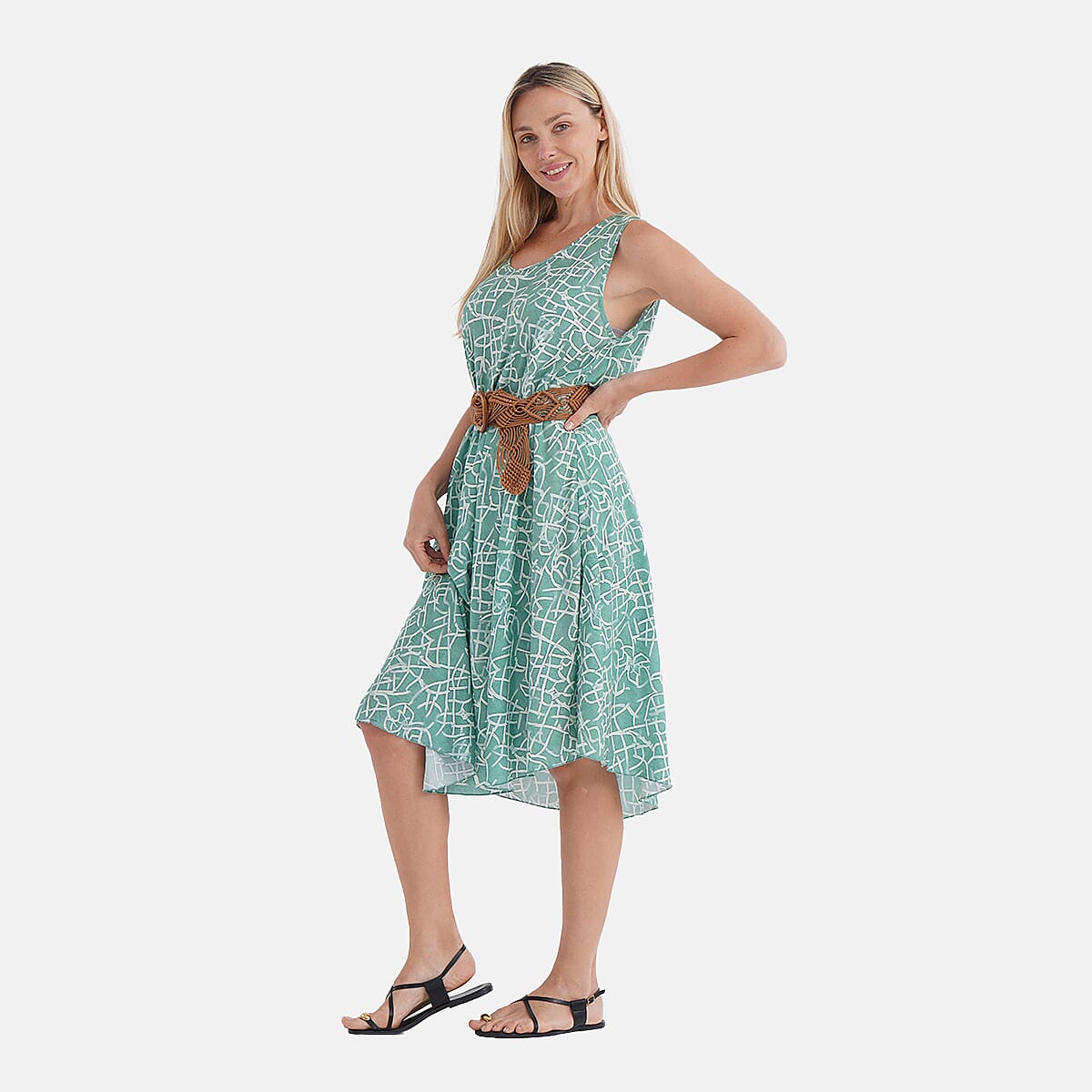 - Maisi Flowy Sleeveless Umbrella Dress with Elastic Belt (One Size) - Green