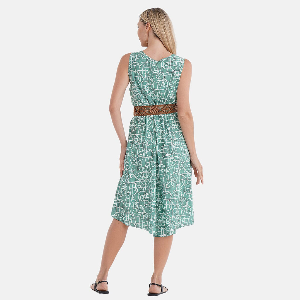- Maisi Flowy Sleeveless Umbrella Dress with Elastic Belt (One Size) - Green