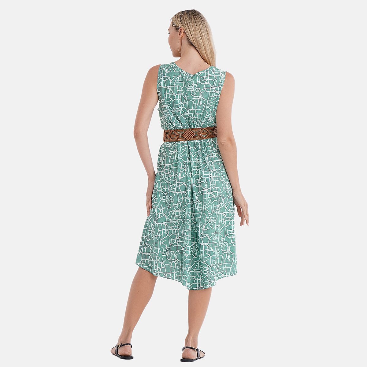- Maisi Flowy Sleeveless Umbrella Dress with Elastic Belt (One Size) - Green