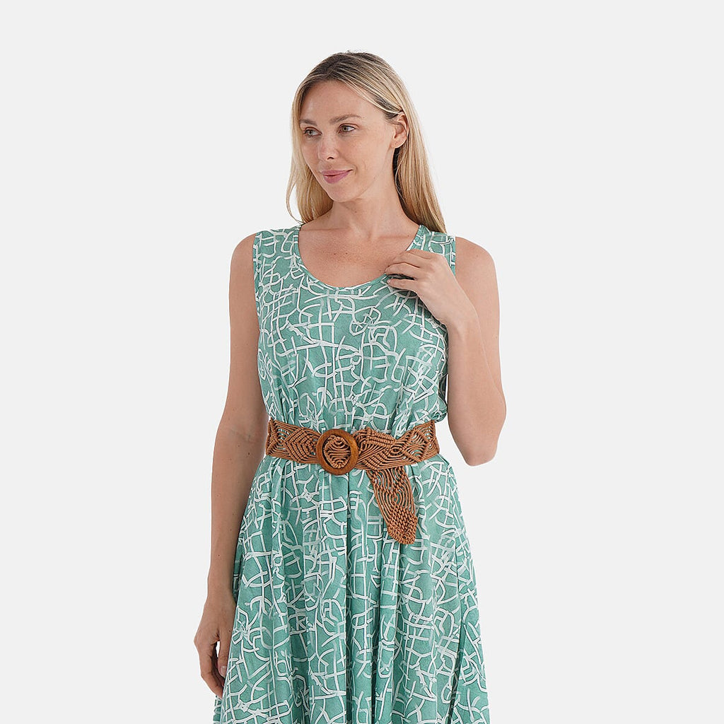 - Maisi Flowy Sleeveless Umbrella Dress with Elastic Belt (One Size) - Green