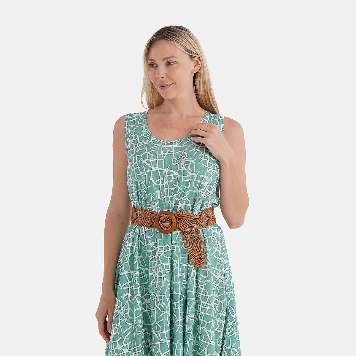 - Maisi Flowy Sleeveless Umbrella Dress with Elastic Belt (One Size) - Green