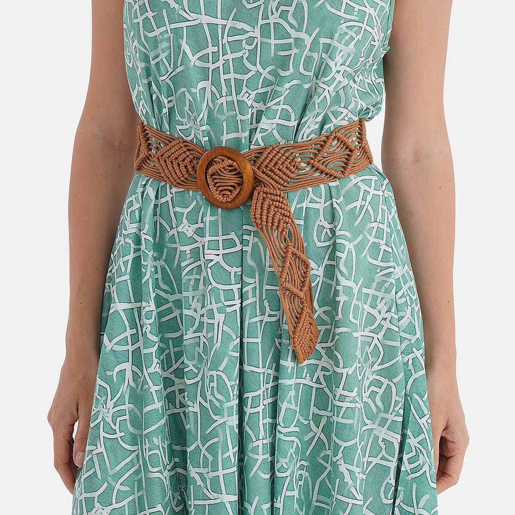 - Maisi Flowy Sleeveless Umbrella Dress with Elastic Belt (One Size) - Green